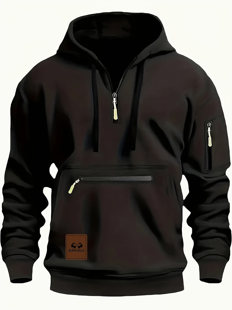 Men's Casual Black Hoodie with Multiple Zipper Pockets