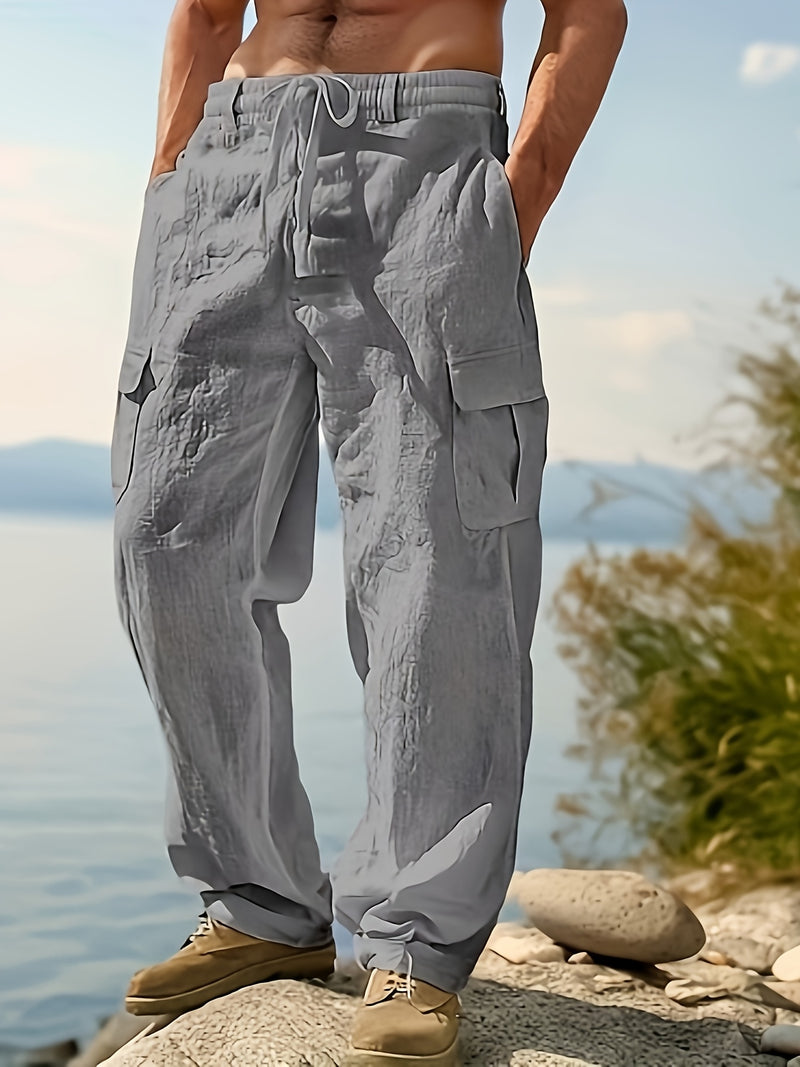 Men's Casual Linen Cargo Pants with Multiple Pockets