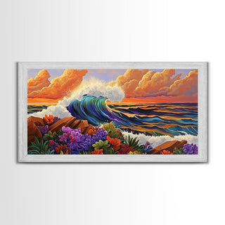 Boho Coastal Wave with Sunset Flowers, Framed Canvas Print
