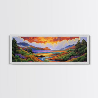 Sunset Lake Scene, Mountain View Art, Framed Canvas Print