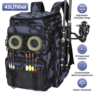 42L/11Gal Large Capacity Fishing Backpack Tackle Storage with Rod Holders 16-Pocket