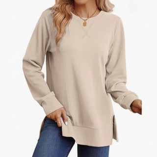 Women's Casual Crew-Neck Long-Sleeve T-Shirt With Side Slits