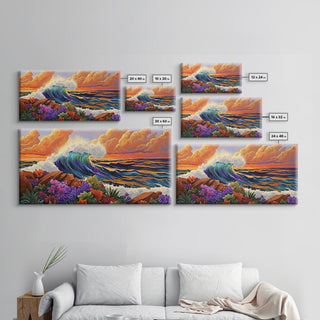 Boho Coastal Wave with Sunset Flowers, Framed Canvas Print