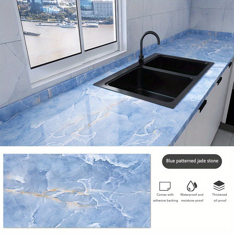 Blue Patterned Jade Stone Marble Wallpaper, Self-Adhesive