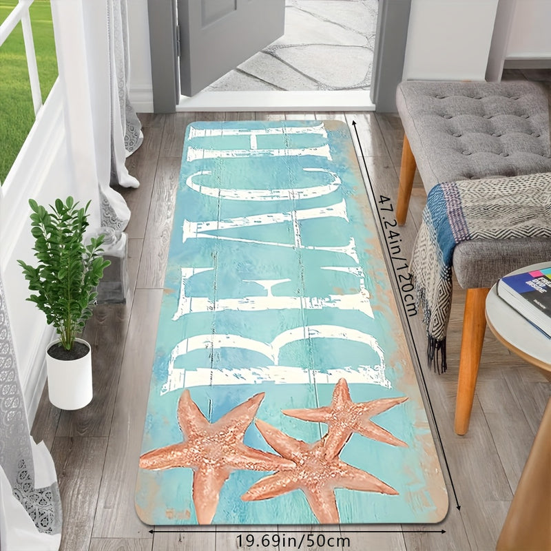 1pc Coastal Beach Themed Washable Polyester Doormat with Starfish Design