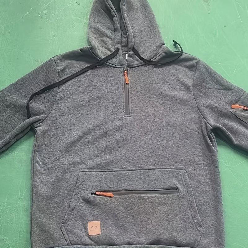 Men's Casual Black Hoodie with Multiple Zipper Pockets