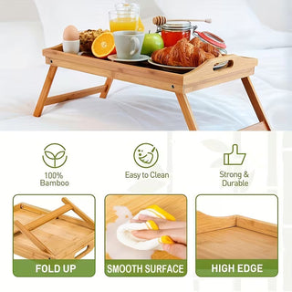 2-Pack Bamboo Breakfast Bed Trays with Folding Legs & Handles
