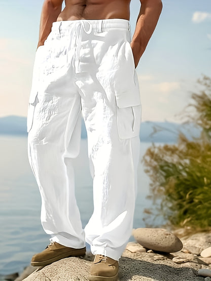 Men's Casual Linen Cargo Pants with Multiple Pockets