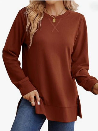 Women's Casual Crew-Neck Long-Sleeve T-Shirt With Side Slits