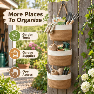 3-Tier Boho Hanging Woven Rope Basket Organizer – Neutral Wall-Mounted Storage Baskets for Bathroom, Nursery, Kitchen &amp; Bedroom