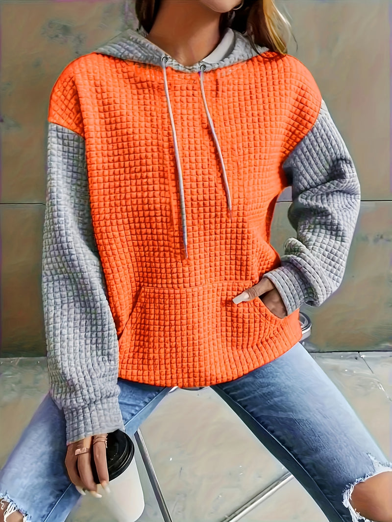 Comfy Plus Size Women's Casual Waffle Color Block Hoodie