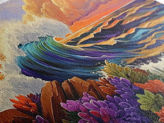 Boho Coastal Wave with Sunset Flowers, Framed Canvas Print