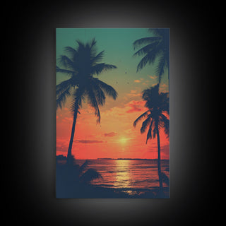 Tropical Sunset Beach, Palm Tree Art, Canvas Print