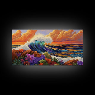 Boho Coastal Wave with Sunset Flowers, Framed Canvas Print