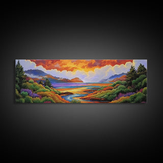 Sunset Lake Scene, Mountain View Art, Framed Canvas Print