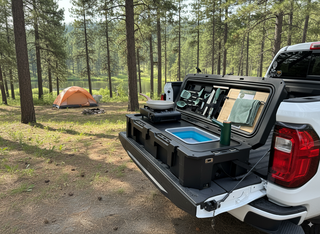 VOZ portable camp kitchen set up on a pickup truck tailgate at a wooded campsite with tent in background