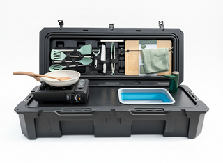 VOZ portable camp kitchen open on white background with sink, cooking station and organized accessories