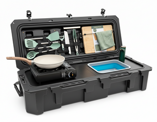 VOZ portable camp kitchen angled view showing sink, cooking station, cutting board and utensils