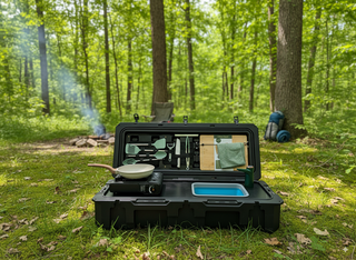 VOZ portable camp kitchen set up at a wooded campsite with cooking station, sink and organized utensils