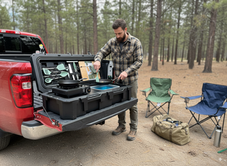 Camper preparing a meal with the VOZ portable camp kitchen set up on a pickup truck tailgate