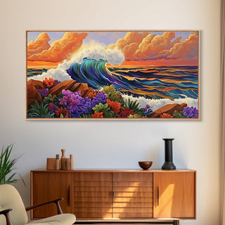 Boho Coastal Wave with Sunset Flowers, Framed Canvas Print