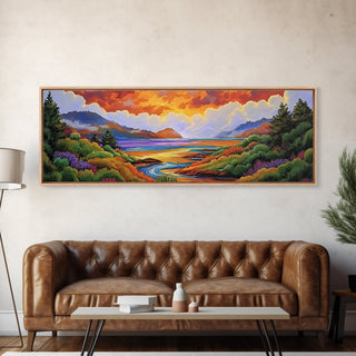 Sunset Lake Scene, Mountain View Art, Framed Canvas Print