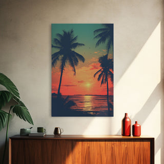 Tropical Sunset Beach, Palm Tree Art, Canvas Print