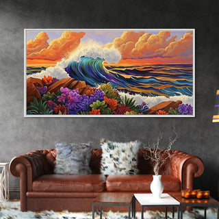 Boho Coastal Wave with Sunset Flowers, Framed Canvas Print