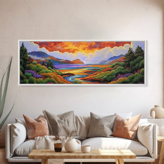 Sunset Lake Scene, Mountain View Art, Framed Canvas Print
