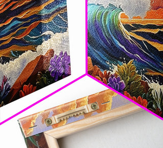 Boho Coastal Wave with Sunset Flowers, Framed Canvas Print