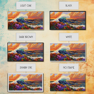 Boho Coastal Wave with Sunset Flowers, Framed Canvas Print