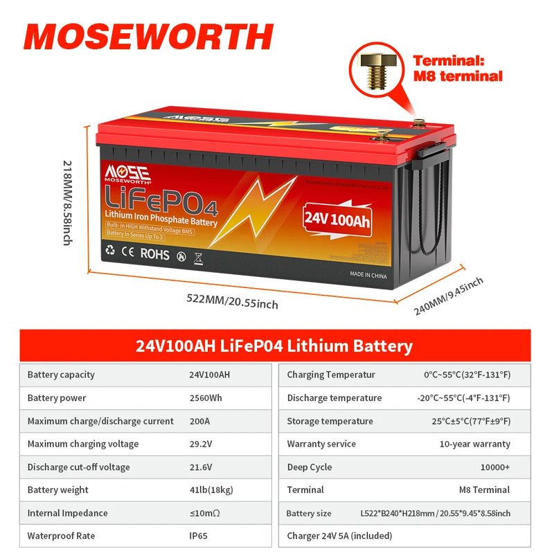 LiFePo4 Battery 12V (100Ah 200Ah 300Ah) 24V (100Ah) BMS Lithium Battery