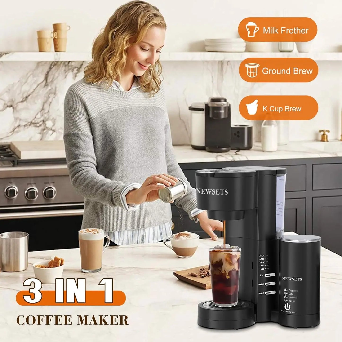 3 in 1 Single Serve Coffee Maker with Milk Frother