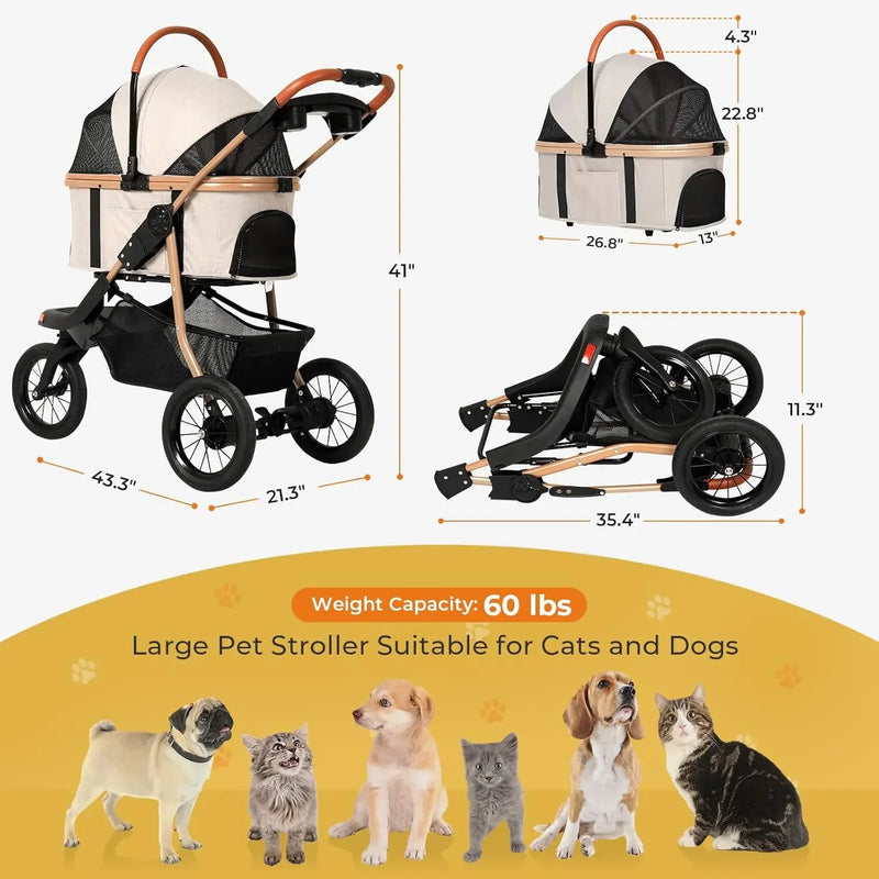 Jogging Pet Stroller, Premium 3-in-1 with Detachable Carrier (Up to 60lbs)