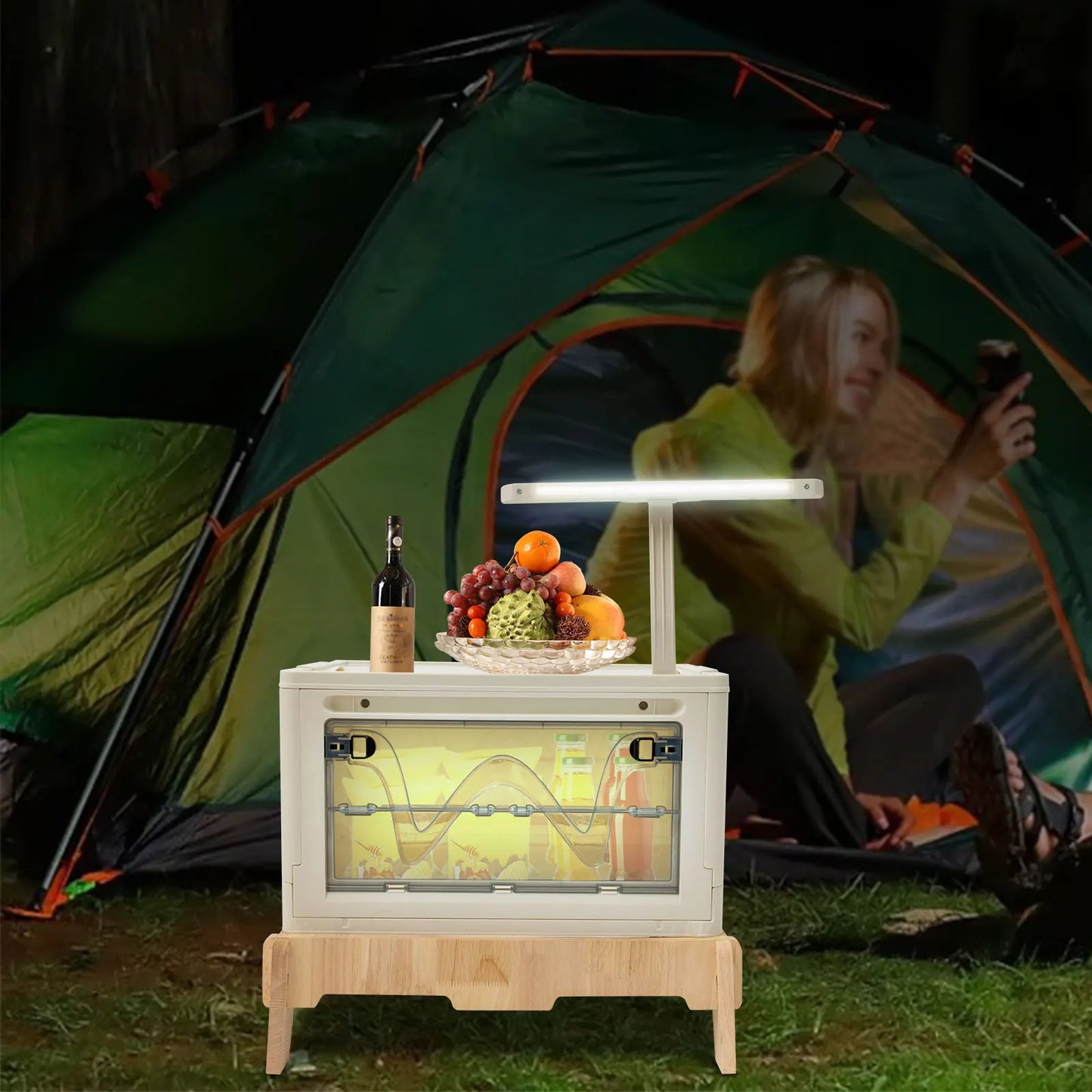 Outdoor Camping Storage Box and Folding Table with Light