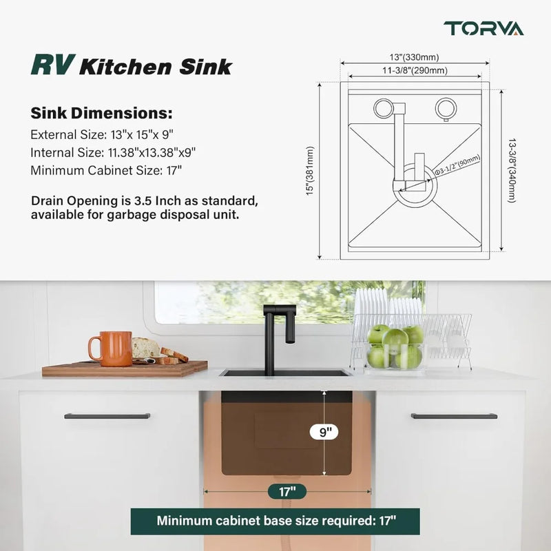 RV Kitchen Sink, 13 x 15 x 9 Inch Undermount Sink