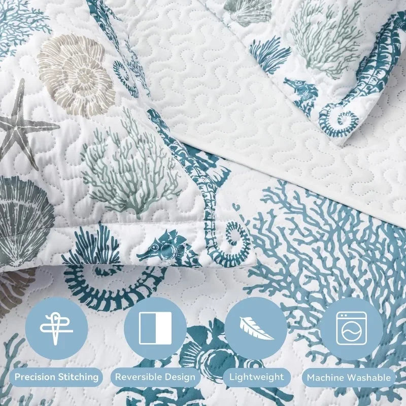 Queen Size Coastal Quilt with 2 Shams