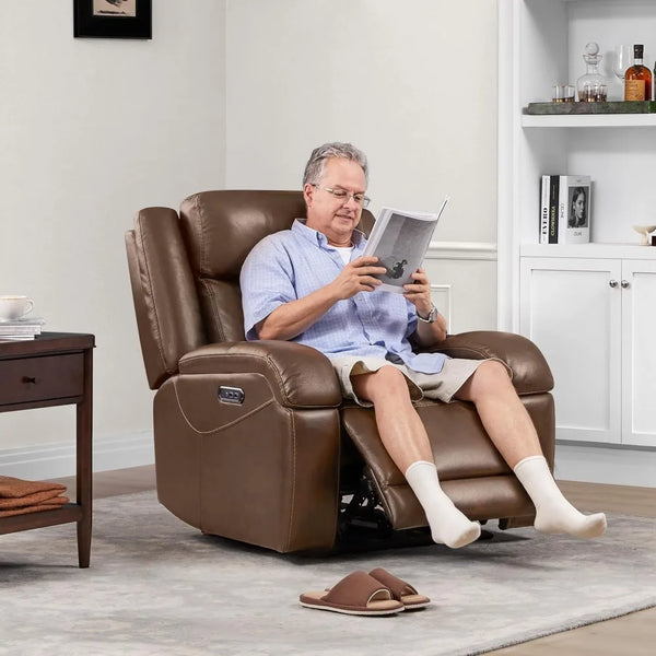 Genuine Leather RV Power Recliner, Wall Hugger, Charging Ports