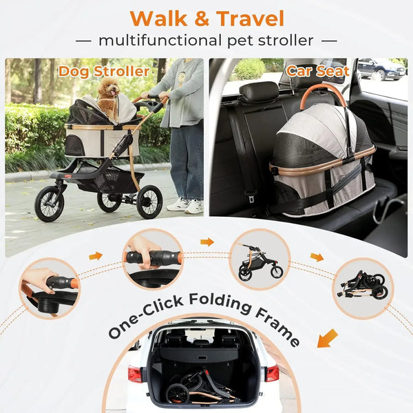 Jogging Pet Stroller, Premium 3-in-1 with Detachable Carrier (Up to 60lbs)