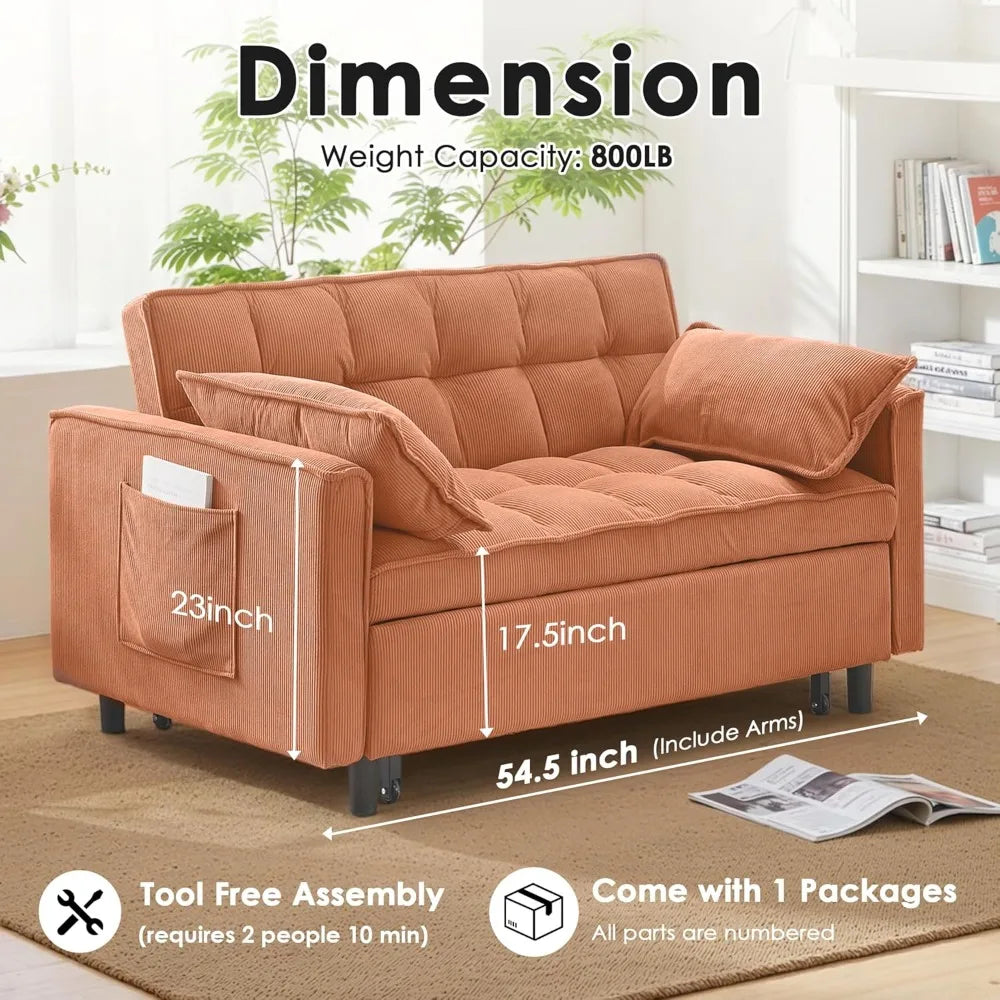 Corduroy Fabric Loveseat Sleeper Sofa with Adjustable Backrest