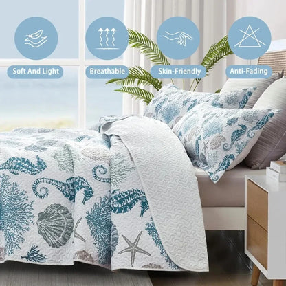 Queen Size Coastal Quilt with 2 Shams