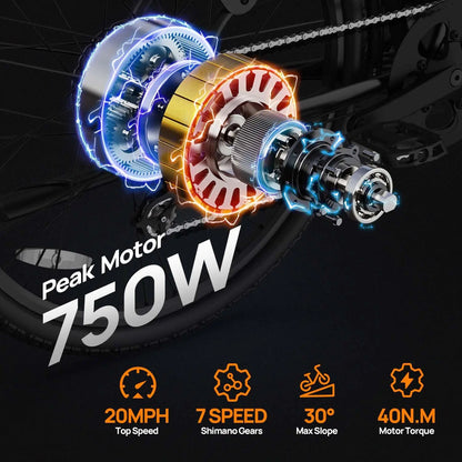 Peak 750W Electric Bike 26x2" Commuter Tires