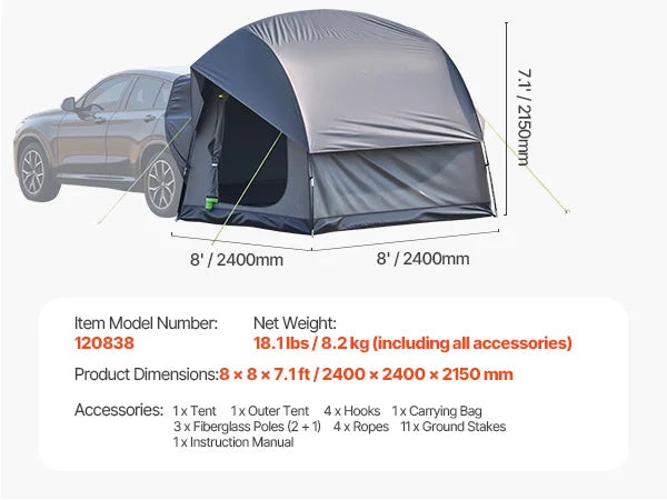 SUV Tent for Camping with Shade Awning and Mesh Windows