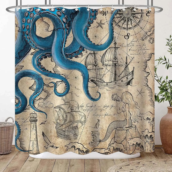 Octopus Fabric Shower Curtains with Hooks (Multiple Designs)