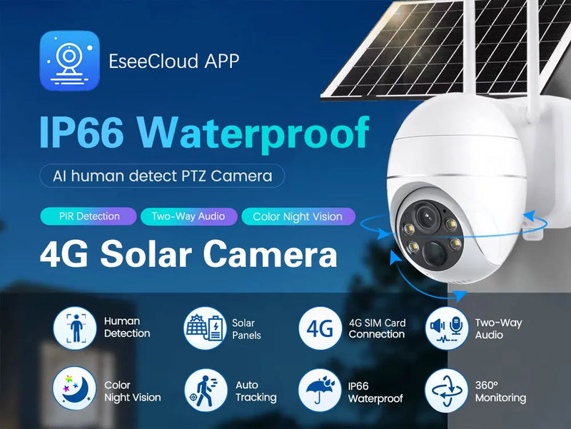 Camera 4G SIM Card 5MP Solar Panel Outdoor Monitoring