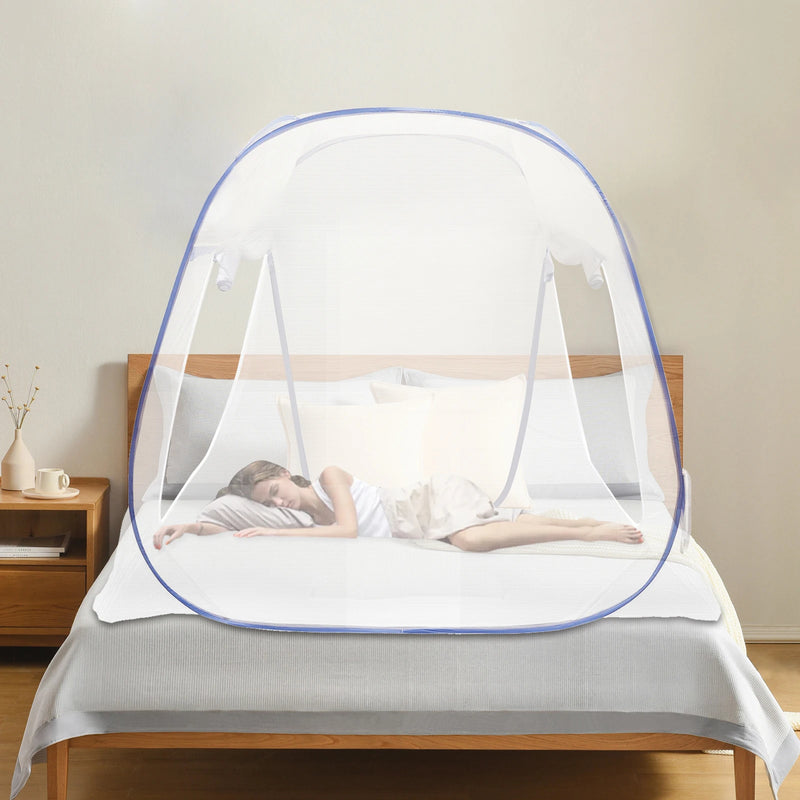 Mosquito Net Blue Bed Canopy 4-square Top Structure Fly Insect Mesh Repellent Protection w/ 3 Doors& 2 Zips Lightweight Bedding