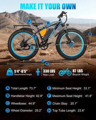 Electric Bike 1500W Peak, 26'' Fat Tire, 70 Miles, 25-30MPH