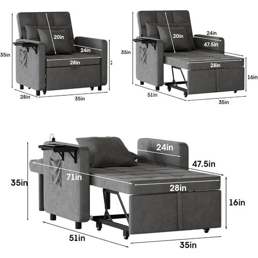3-in-1 Velvet Sofa Bed with Wing Table and USB Ports (6 colors)