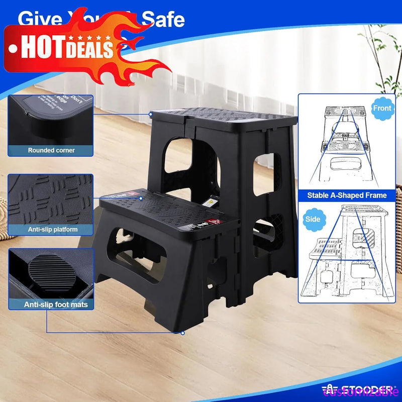 Folding 2-Step Stool, Anti-Slip Rubber Feet