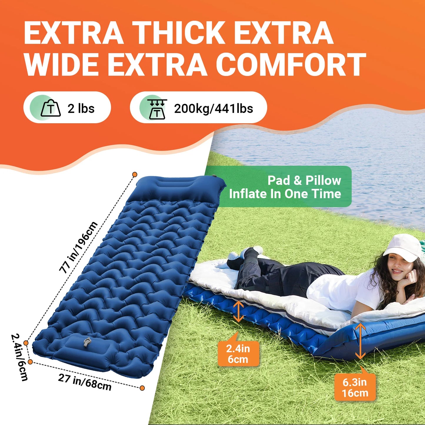 Camp Self Inflating Sleeping Pad, Built-in Foot Pump